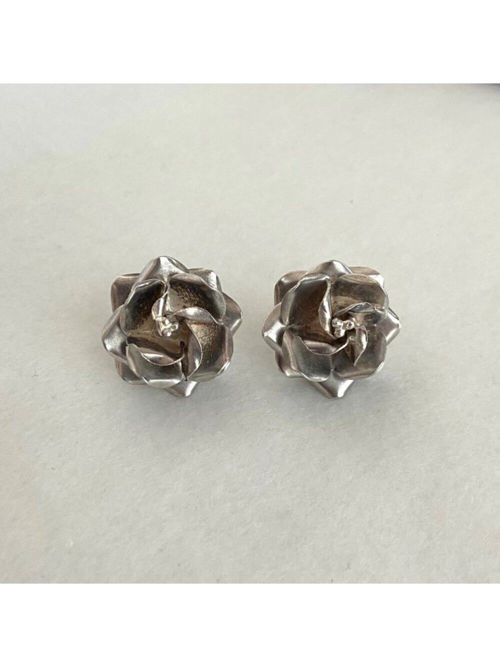 VTG Taxco Sterling Silver 925 3D Rose 1" Flower Stud Statement Earrings